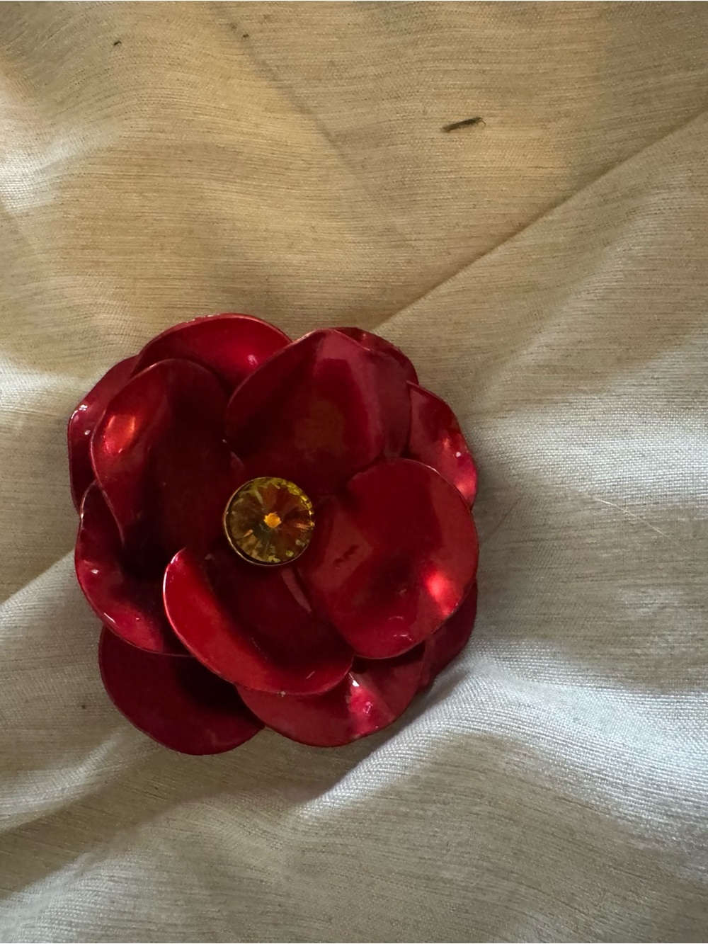 Red Floral Brooch Pin with Yellow Center